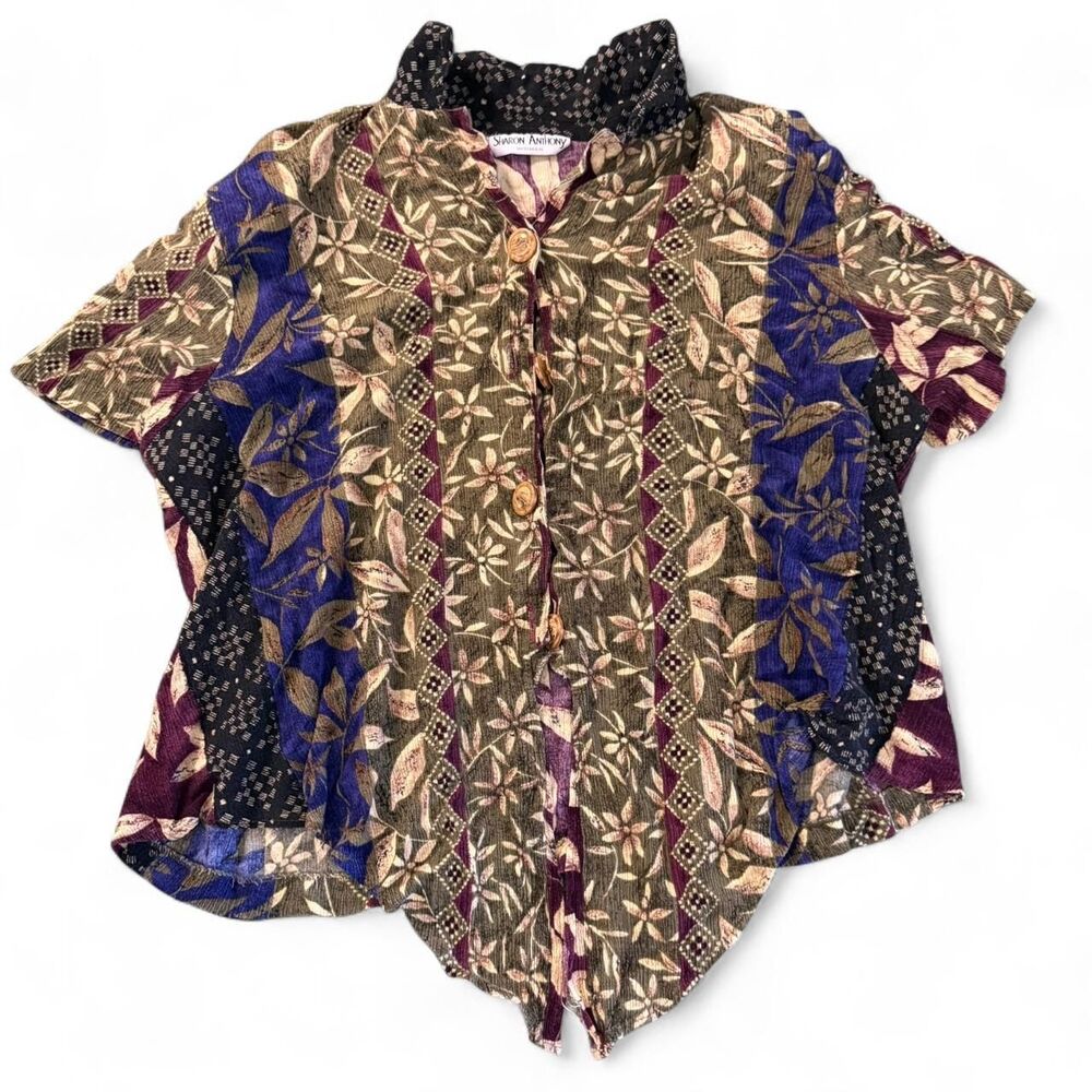 VTG Sharon Anthony Woman XL Patchwork Floral Art-to-Wear Short Sleeve Blouse